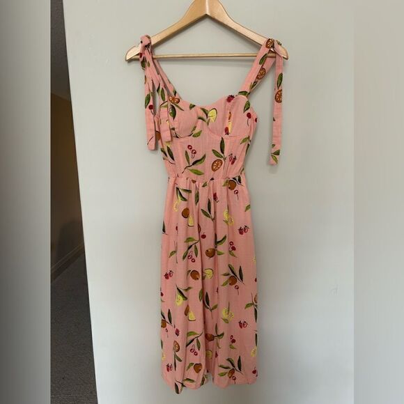 Lauren Conrad Linen Dress Fruits Print Corset Cups Midi Dress - Picture 3 of 16